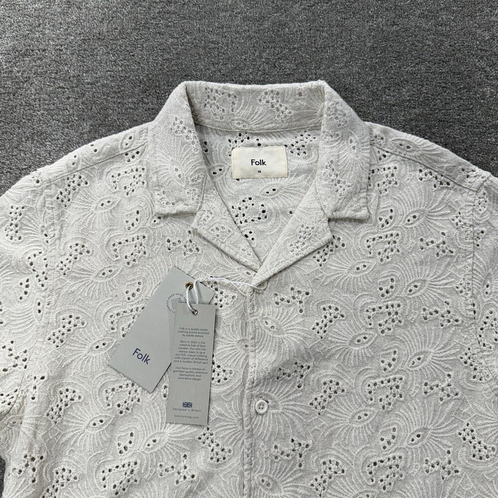 Folk Mens Broad SS Shirt M Natural Eyelet Embroidered Button Up Short Sleeve